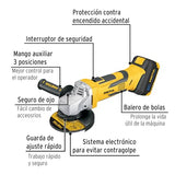 Esmeriladora angular inalámbrica 4-1/2", 20 V con 1 batería de 4 Ah Pretul ESMI-20P,