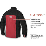 ▶ Lincoln Electric Chaqueta de soldadura de cuero resistente, ideal para soldadura de alto amperaje o fuera de posición, tamaño mediano, K2989M, negro/rojo
