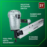 Clavadora de encuadre neumática, marca profesional preferida de clavadoras neumáticas, revista de 21 grados, acepta clavos de plástico de 2 a 3-1/2 pulgadas, ideal para enmarcar, pisos y