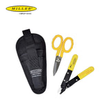 ▶ Miller MA01-7000 Kit, FO 103-T-250-J Herramienta de pelado de cable de fibra óptica de 3 agujeros y tijeras KS-1 Kevlar, juego de herramientas fácilmente portátil con bolsa de clip para cinturón para profesionales