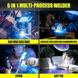 ▶ SOLDADORA  Soldador, 6 en 1 Gas MIG/Gas MAG/núcleo de flujo sin gas/palillo/elevación TIG/máquina de soldadura de aluminio, visualización LED grande de 120 V/240 V multiproceso soldador
