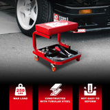 Torin TR6300 - Asiento de coche/tienda rodante rojo con bandeja de herramientas, tamaño grande