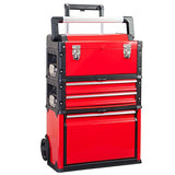 BIG RED Caja de herramientas de metal portátil apilable con ruedas y 2 cajones, caja de herramientas para cochera o taller, color rojo