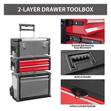 BIG RED Caja de herramientas de metal portátil apilable con ruedas y 2 cajones, caja de herramientas para cochera o taller, color rojo