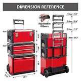 BIG RED Caja de herramientas de metal portátil apilable con ruedas y 2 cajones, caja de herramientas para cochera o taller, color rojo