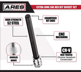 ARES Juego de herramientas mecánicas  llaves hexagonales SAE extra largas - La broca S2 proporciona un mayor par de torsión - Práctico riel de almacenamiento incluido - Enchufes de acero al cromo vanadio tratado con calor