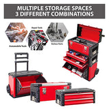 BIG RED Caja de herramientas de metal portátil apilable con ruedas y 2 cajones, caja de herramientas para cochera o taller, color rojo