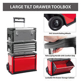 BIG RED Caja de herramientas de metal portátil apilable con ruedas y 2 cajones, caja de herramientas para cochera o taller, color rojo