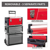 BIG RED Caja de herramientas de metal portátil apilable con ruedas y 2 cajones, caja de herramientas para cochera o taller, color rojo