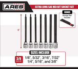 ARES Juego de herramientas mecánicas  llaves hexagonales SAE extra largas - La broca S2 proporciona un mayor par de torsión - Práctico riel de almacenamiento incluido - Enchufes de acero al cromo vanadio tratado con calor