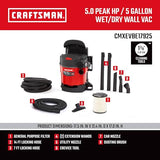 ▶CRAFTSMAN Aspiradora de Pared húmeda/Seca, montada en la Pared con Accesorios Craftsman  5 galones 5.0 Pico HP