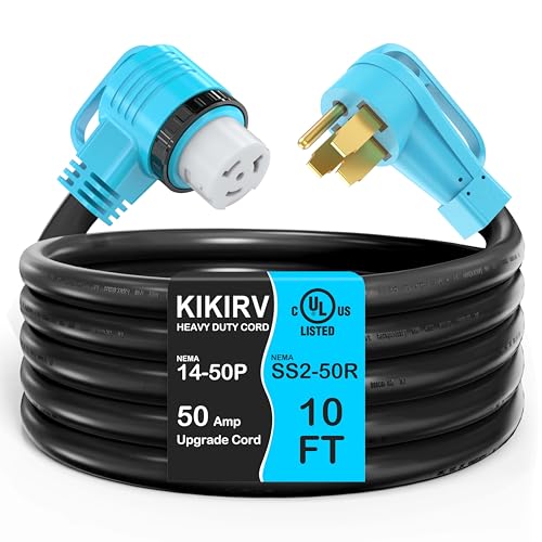 ▶ Cable generador de 10 pies y 50 amperios, listado UL, alambre de cobre 100%, mango de agarre de 90°, NEMA 14-50P a SS2-50R, cable STW de calibre 6/3+8/1