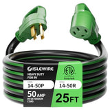 ▶ Cable de extensión RV/EV de 15 pies y 50 amperios con mango de agarre, cable de alimentación resistente de calibre 6/3+8/1 STW de 4 clavijas, NEMA 14-50P/R con organizador de cables para Tesla modelo 3/S/X/Y, negro y verde, listado ETL