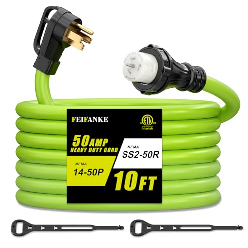 ▶ Cable generador de 50 amperios, cable de extensión de 10 pies 50 A RV con bloqueo giratorio hembra, 4 puntas NEMA 14-50P a SS2-50R resistente calibre 6/3+8/1 AWG STW WireWire para RV Camper y casa