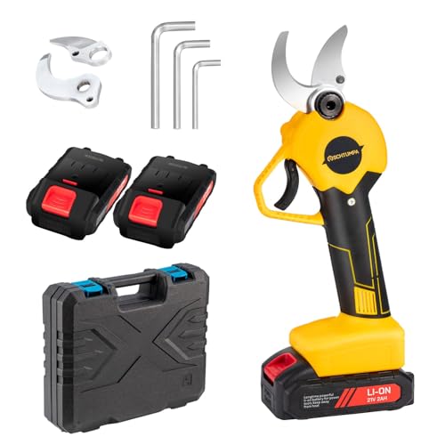Tijeras de podar eléctricas de 21 V, 40 mm de diámetro de corte para jardinería, resistentes con juego de cuchillas de repuesto, 2 baterías y cargador
