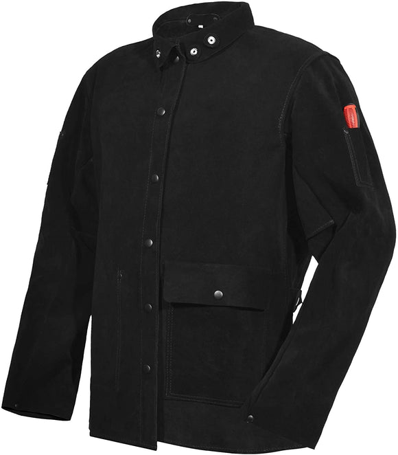 ▶ Chaqueta de soldadura de cuero negro, chaquetas de seguridad de trabajo de cuero vacuno dividido FR, chaquetas soldadoras para hombres y mujeres, Negro, XX-Large