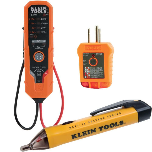 Kit de probador de voltaje con probador electrónico de voltaje CA/CC, probador de salida GFCI y bolígrafo de probador de voltaje sin contacto, 3 piezas