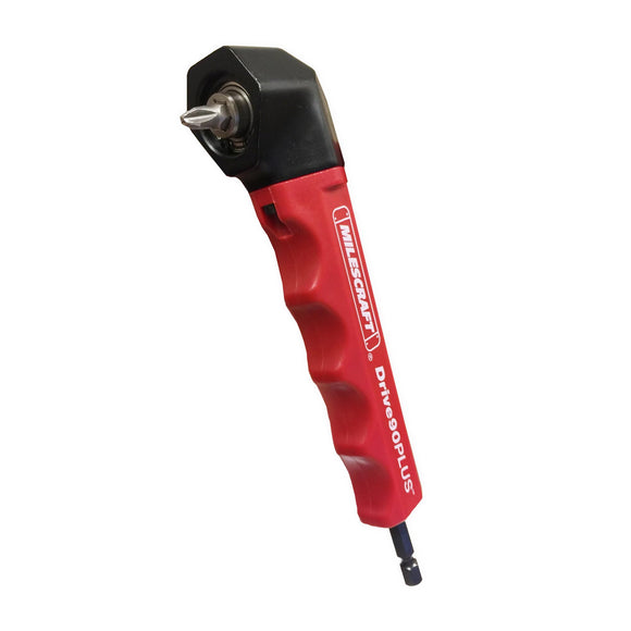 Accesorio de taladro de ángulo recto listo para impactos - Perfecto para taladrar o conducir en espacios reducidos - Alcance mínimo de 1.5 pulgadas. - Acepta la mayoría de accesorios hexagonales de 1/4 pulgadas Milescraft