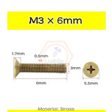200 tornillos de cabeza plana de latón M3 x 6 mm, tornillos de cabeza avellanada Phillips