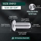 Tornillos de cabeza de botón de 5/16-18 x 3/4 pulgadas, acero inoxidable 304 18-8, rosca completa, rosca gruesa, unidad hexagonal Allen, 20 unidades