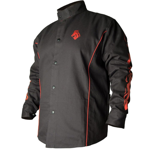 ▶ Black Stallion BSX® FR - Chaqueta de soldadura - Negro con llamas rojas - M