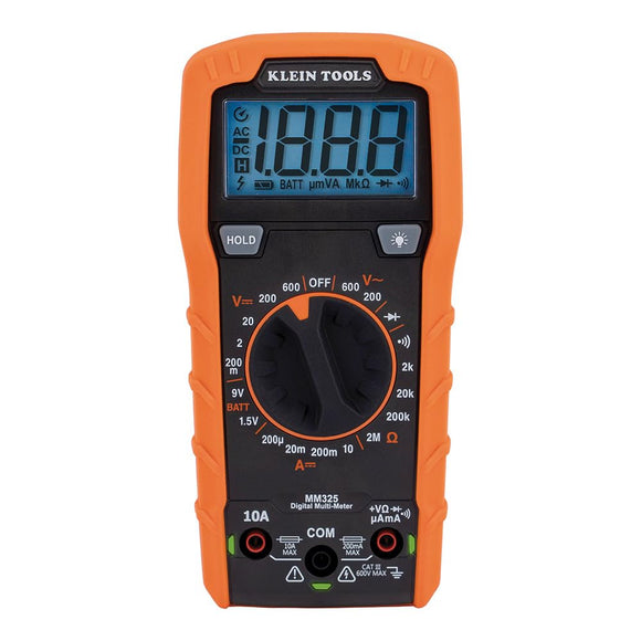 KLEIN TOOLS Multímetro digital de rango manual | Mide hasta 600 V y 10 A | Pantalla iluminada y diseño resistente | Multimetro | Detector de voltaje | Incluye cables y baterías