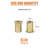 🔩 Keadic - 100 tuercas de remache M8 métricas chapadas en zinc, tuerca de remache de acero al carbono, kit de inserción roscada de cabeza plana, kit de remache roscado para muebles