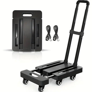 Carretilla de Carga 230 Kg: Carrito Portátil con 6 Ruedas, Ideal para Mudanzas, Diablito de Carga Plegable Diseño Expansible y Compacto, Incluye Cuerda Elástica, Negra.