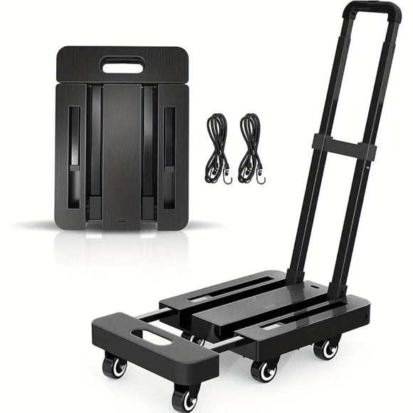 Carretilla de Carga 230 Kg: Carrito Portátil con 6 Ruedas, Ideal para Mudanzas, Diablito de Carga Plegable Diseño Expansible y Compacto, Incluye Cuerda Elástica, Negra.