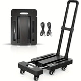 Carretilla de Carga 230 Kg: Carrito Portátil con 6 Ruedas, Ideal para Mudanzas, Diablito de Carga Plegable Diseño Expansible y Compacto, Incluye Cuerda Elástica, Negra.