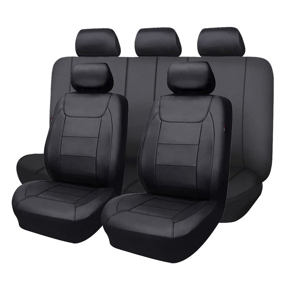 Flying Banner - Fundas de asiento de auto, protegen el banco delantero y trasero, piel sintética y fibra de carbono, a prueba de agua (negro y negro, juego completo de 9 piezas)