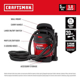 ▶CRAFTSMAN Aspiradora de Pared húmeda/Seca, montada en la Pared con Accesorios Craftsman  5 galones 5.0 Pico HP
