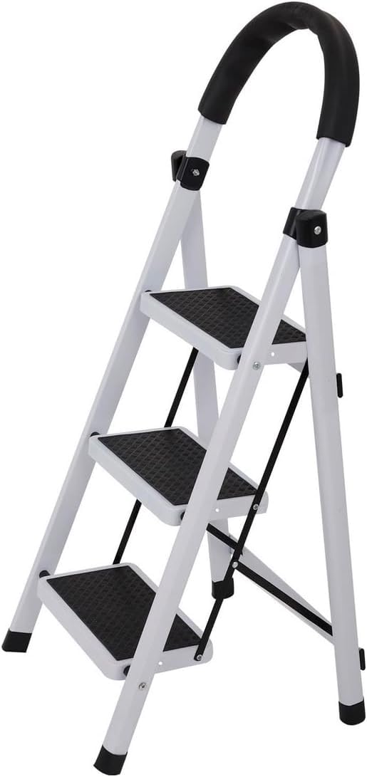 ▶ Escalera Plegable De 3 Peldaños, Aluminio, Escalera de Tijera para Interior y Exterior, Portátil Multifuncional