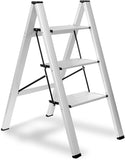 ▶ Escalera Plegable de 3 Peldaños, Estantería Portátil, Taburete Antideslizante, Ligera para el Hogar y Oficina, Capacidad de 150KG (3-Blanco)