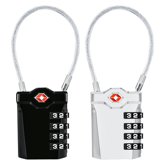 Cerraduras de Equipaje de 4 Dígitos TSA, [Nueva versión] 2 PCS Candados de Combinación de Cerradura de Viaje, Candado de Cable Flexible de 14 cm para Maleta de Viaje, Negro y Plata