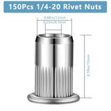 🔩 Worldity - Juego de 150 tuercas de remache de acero inoxidable de 1/4"-20, insertos roscados de cabeza plana con cuerpo moleteado para metal, tuercas de hardware duraderas para un cierre seguro
