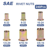 Kit de tuercas de remache, 240 piezas 6-32 8-32 10-24 1/4-20 5/16-18 3/8-16 tuercas de remache SAE chapado en zinc, tuerca de remache de acero al carbono con cabeza plana roscada