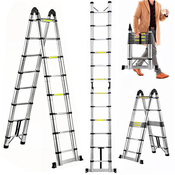 ▶ Escalera Telescópica Plegable, Escalera de Tijera Altura Ajustable con Escalones, Aluminio Reforzado y Duradero, Soporta hasta 150KG, Modelo Retráctil de Mayor Estabilidad (5 Metros)