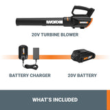 Soplador de Hojas inalámbrico de 20 V, soplador eléctrico con Ventilador de turbina, sopladores para Cuidado del césped con Control de 2 velocidades, batería y Cargador Incluido WORX