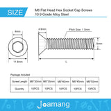 Joamang M6 x 30 mm, 35 mm, 40 mm, 45 mm, 50 mm, tornillos hexagonales de cabeza plana, tornillos avellanados, acero de aleación de grado 10.9, acabado de óxido negro, accionamiento Allen métrico,