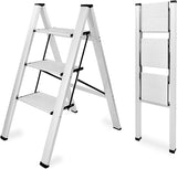 ▶ Escalera Plegable de 3 Peldaños, Estantería Portátil, Taburete Antideslizante, Ligera para el Hogar y Oficina, Capacidad de 150KG (3-Blanco)