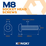 Tornillos de cabeza de botón M8-1,25 x 100 mm, acero inoxidable 18-8, llave Allen, rosca completa, rosca de máquina, cantidad 10