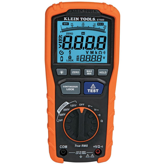 Klein Tools  multímetro, probador de aislamiento, 4000 ohmios de resistencia, 125 V/250 V/500 V/1000 V, multímetro TRMS de rango automático