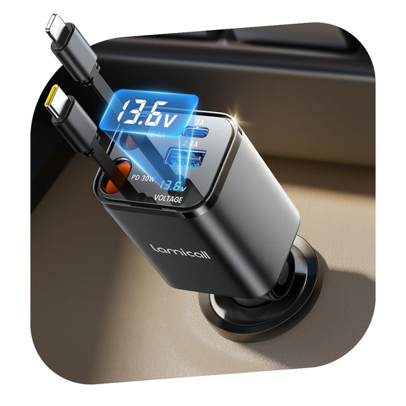▶ Cargador para Auto – 69 W [Display de Voltaje] [50% Más Pequeño] Rápido Cargador para Carro, Puerto USB-C y USB-A, Compatible con iPhone 17/16/15/14/13/12, Galaxy, Airpods