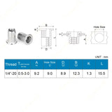 40 tuercas de remache de acero inoxidable de 1/4 a 20 UNC, tuerca de inserción roscada de 1/4 a 20 UNC, cabeza plana moleteada