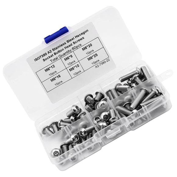 Cabeza Zócalo Tapa Tornillos,60pcs M6 Botón de acero inoxidable Botón Heavy tornillos Tornillos Accesorios con caja de plástico
