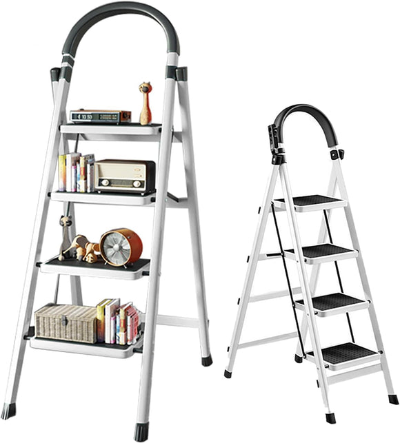 ▶ Escalera Plegable De 4 Peldaños, Aluminio, Escalera de Tijera para Interior y Exterior, Portátil Multifuncional