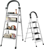 ▶ Escalera Plegable De 4 Peldaños, Aluminio, Escalera de Tijera para Interior y Exterior, Portátil Multifuncional
