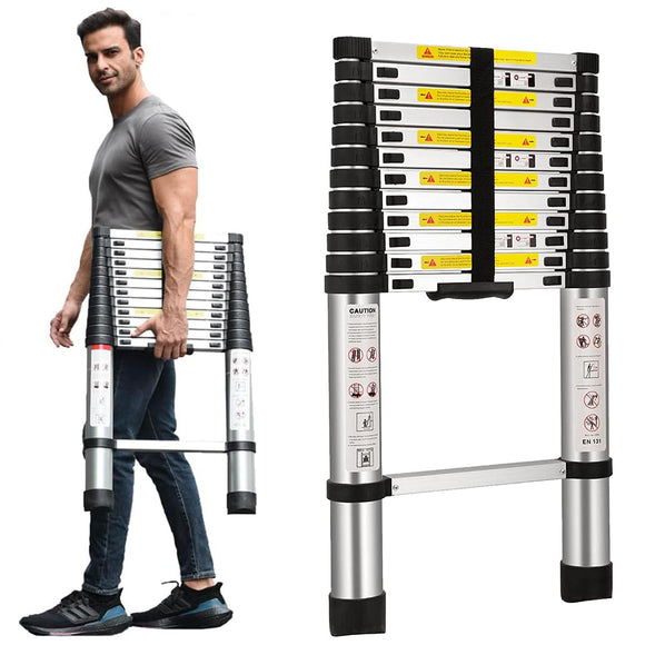 ▶ Escalera Telescópica de Aluminio 5 Metros-Plegable, Extensible, Compacta y Portátil Escalera para Usos Multiusos, Capacidad de Carga 150 kg,