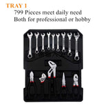 ▶ MALETIN CON RUEDAS  799 piezas robusto juego de herramientas con ruedas de aluminio, kit de herramientas para el hogar general, conjunto de herramientas de reparación automática caja de herramientas y ruedas